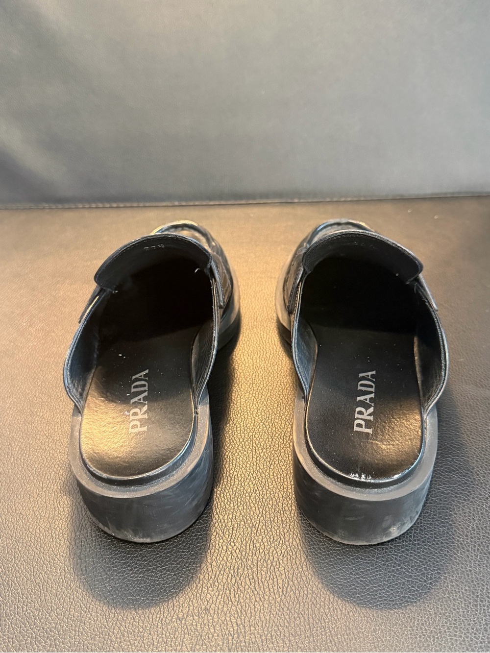 Prada Black Leather Slip-On Loafer Mules with Triangle Logo Plaque - Picture 4 of 6
